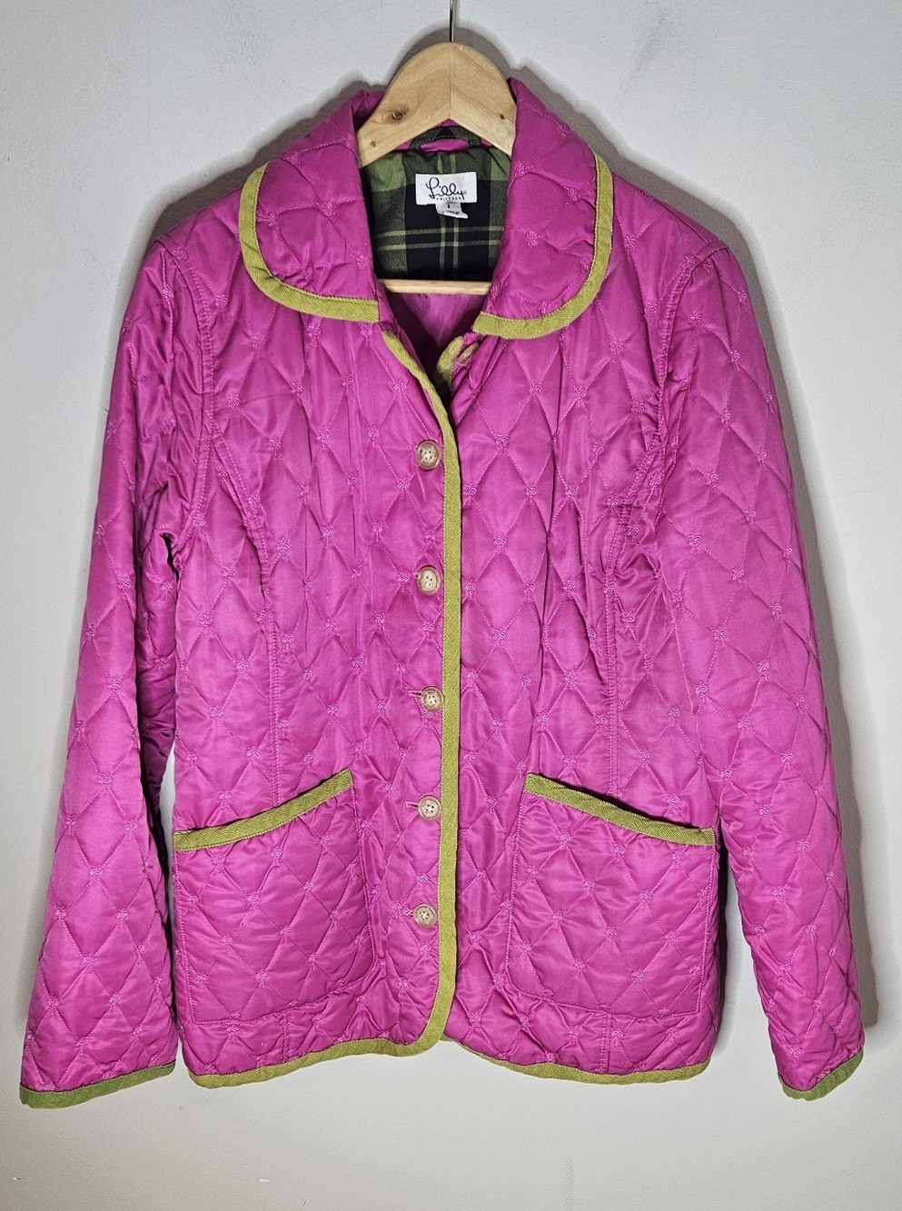 Lilly Pulitzer Women's Quilted Jacket Button Front Corduroy Trim Pink Green S
